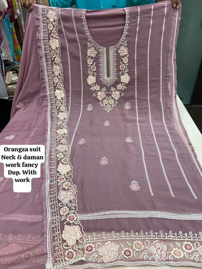 Pretty lilac organza unstitched Salwar suits dress material (free size)