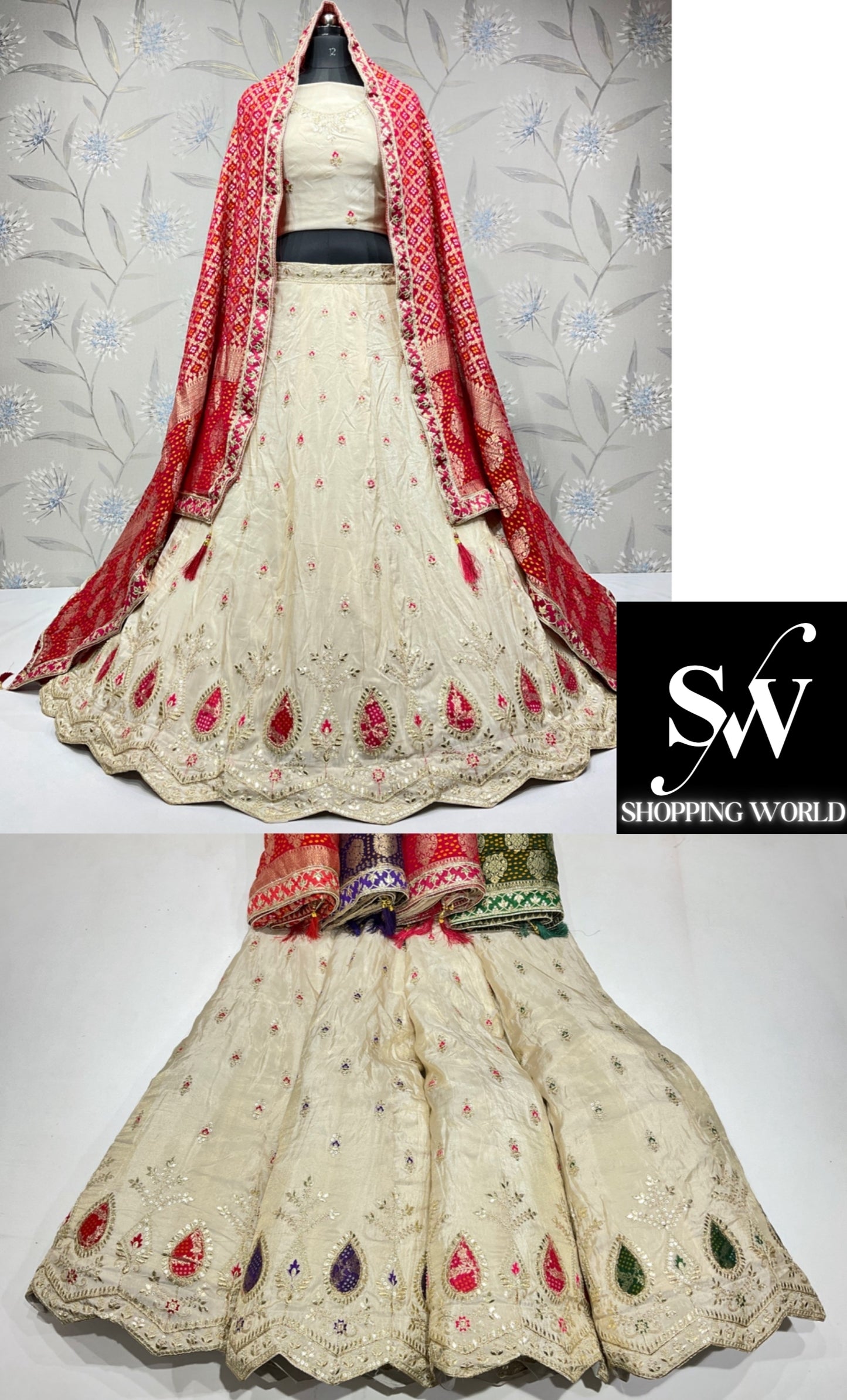 White Silk lehenga with contrast Red Dupatta