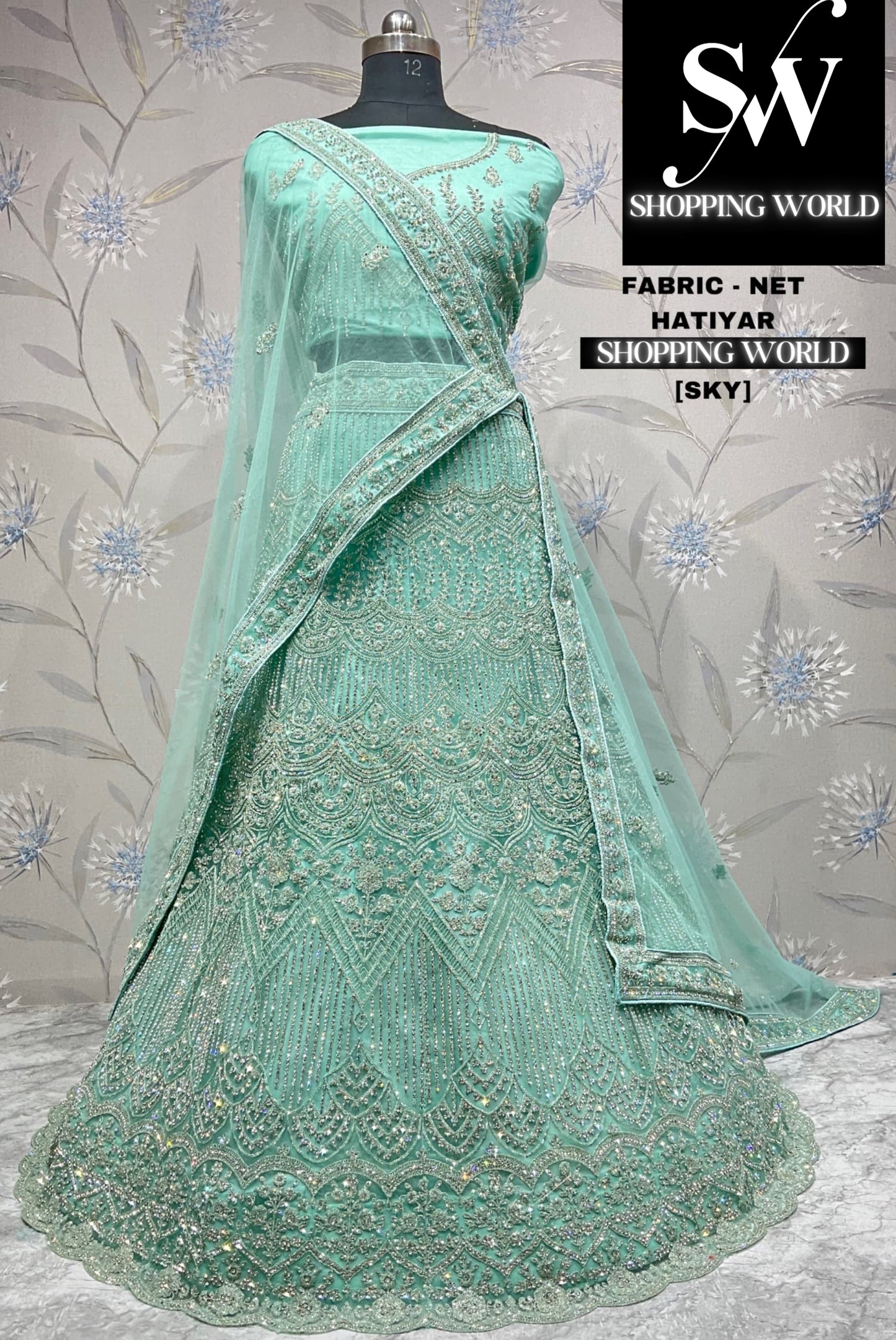 Fair sky blue green net lehenga