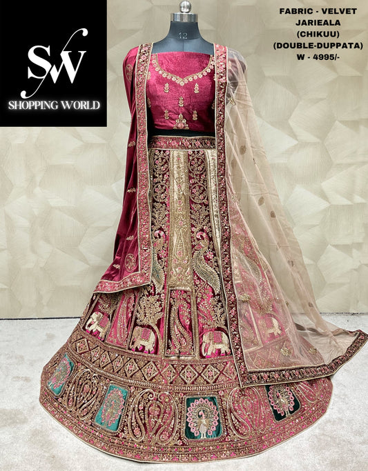 Elegant peacock deep maroon double duptta bridal lehenga