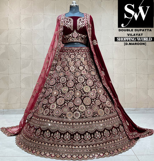 Lehenga nupcial con doble dupatta en color granate oscuro