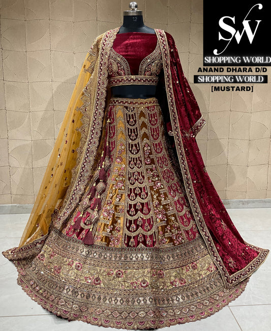 Hermosa lehenga nupcial jhumka color mostaza