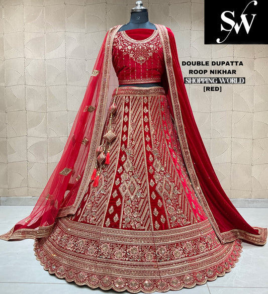 Encantadora lehenga nupcial de doble duptta roja