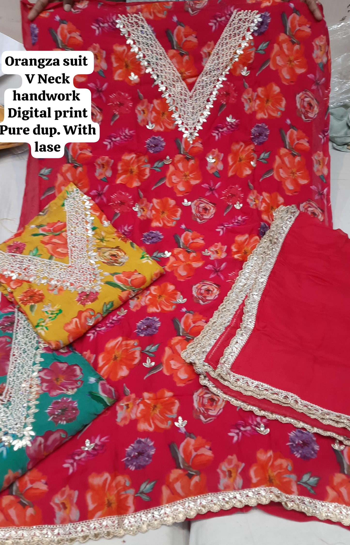 Beautiful red organza unstitched Salwar suits dress material (free size)