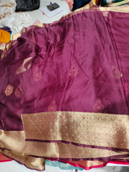 Gorgeous bandhani print purple maroon golden border saree .