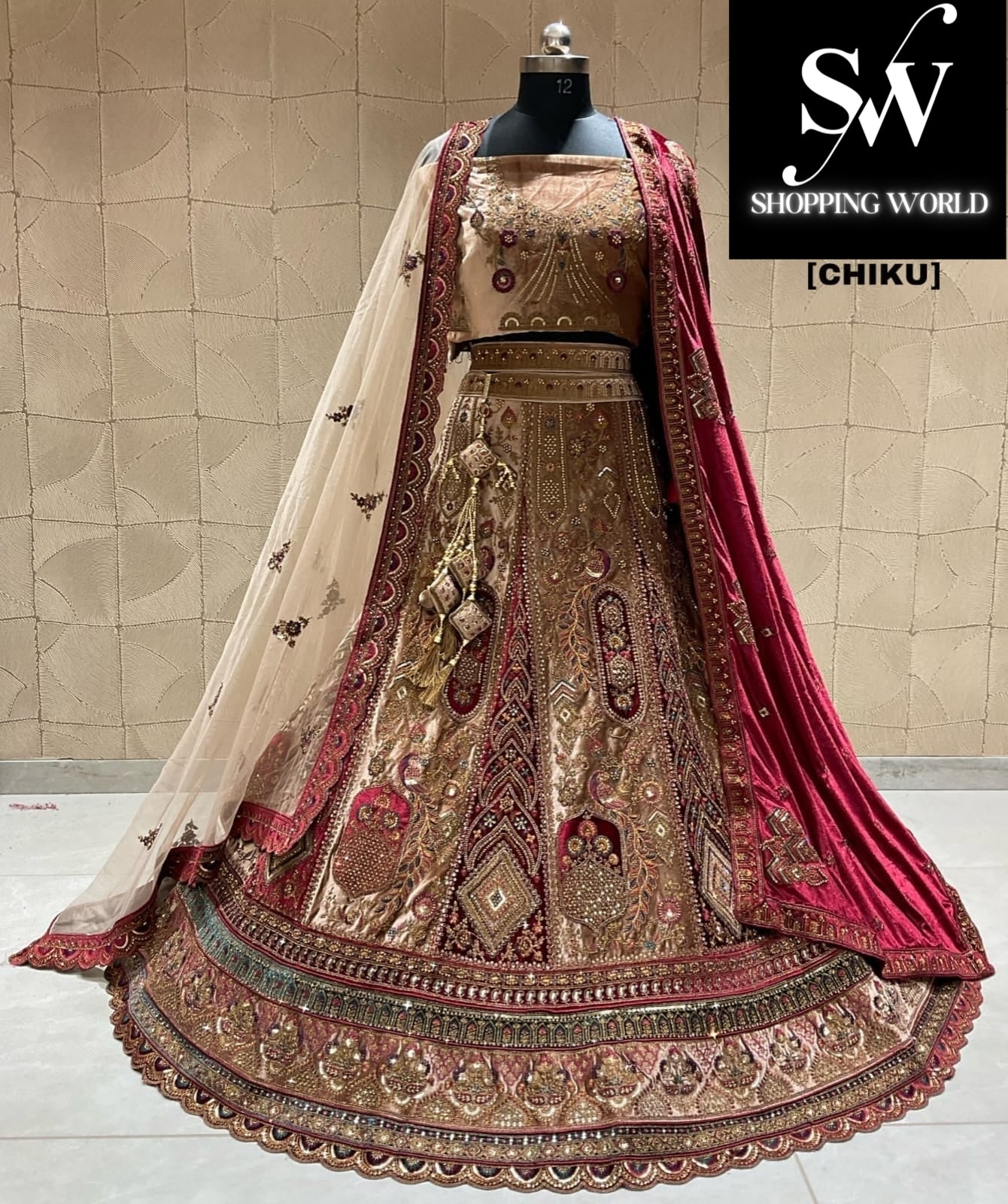 Attractive chiku double duptta bridal lehenga