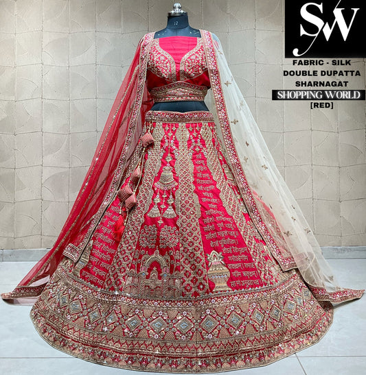 Fantástica lehenga nupcial dupatta doble jhumka en rojo y rosa