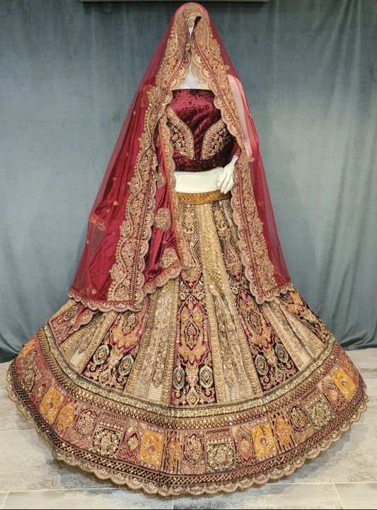 Lehenga nupcial de diseñador en color dorado y granate