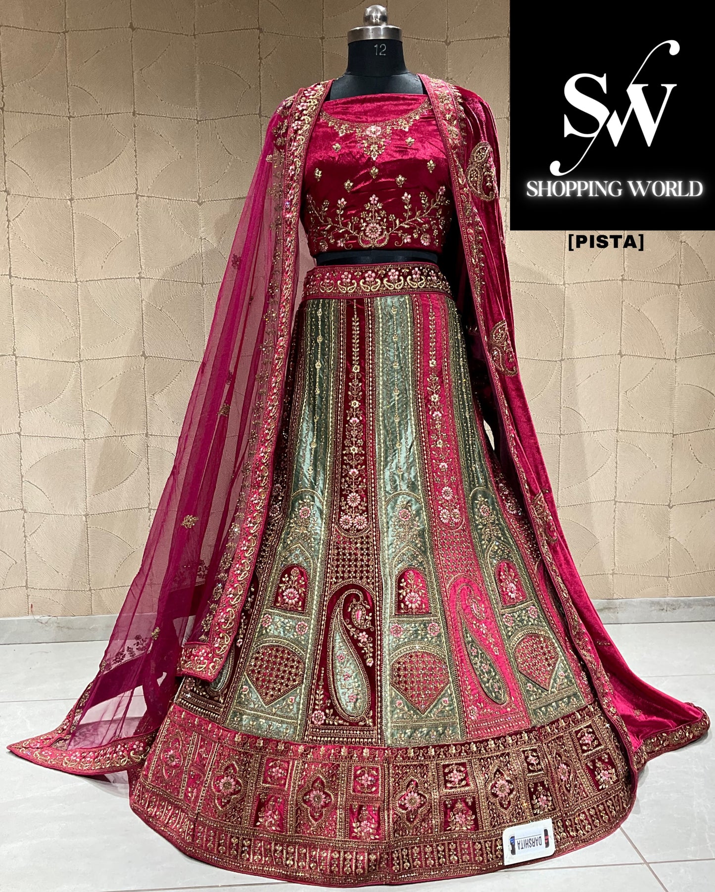 Fabulous maroon pista green double duptta bridal lehenga