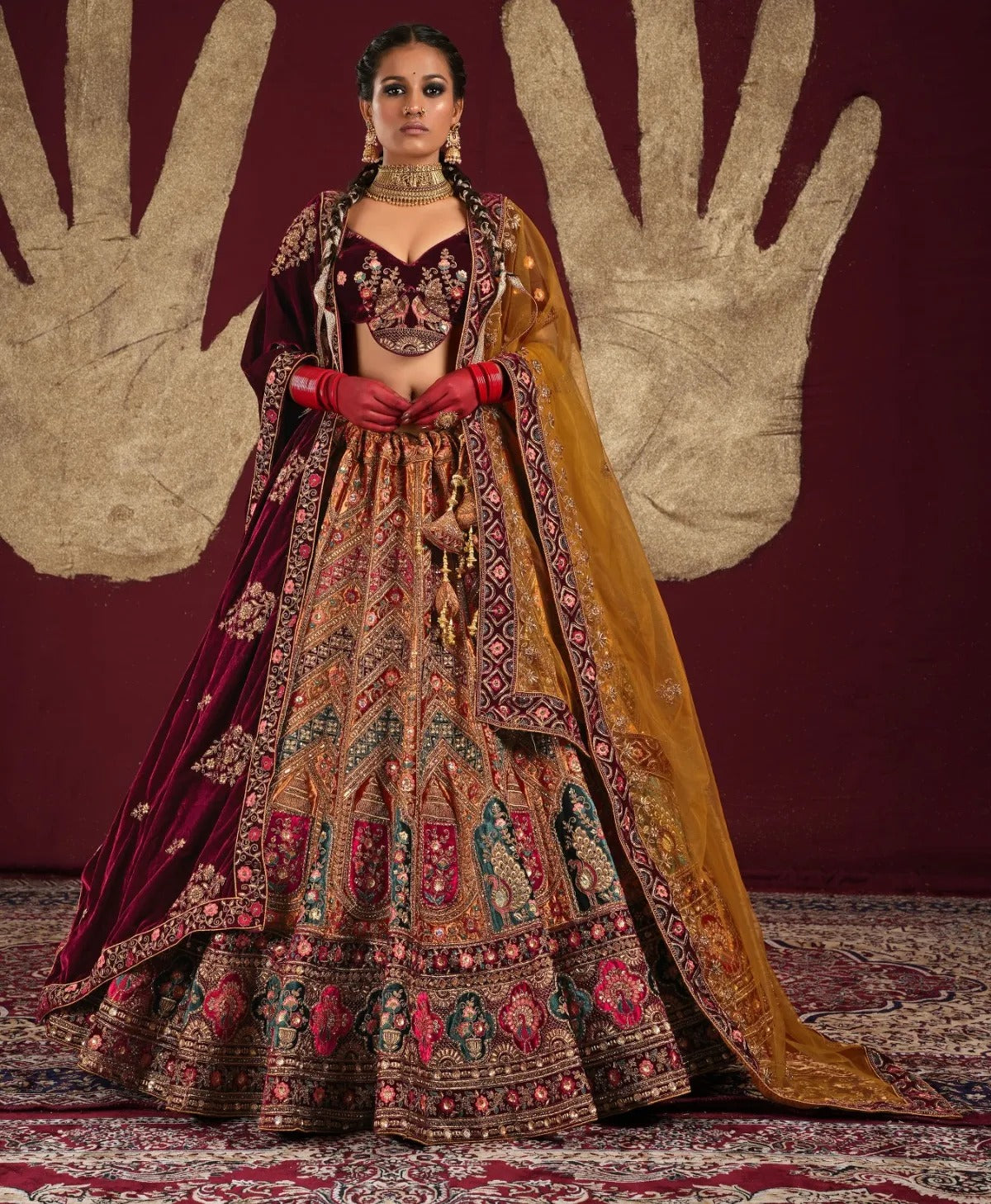 Fabulous peacock mustard maroon double dupatta bridal lehenga