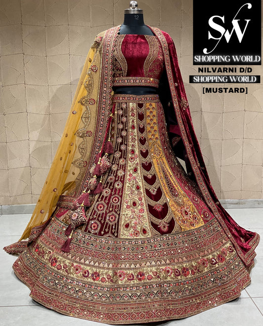 Bonita lehenga nupcial color mostaza granate