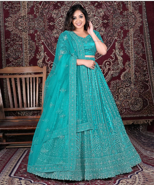 Lehenga glamorosa en azul verdoso y verde azulado