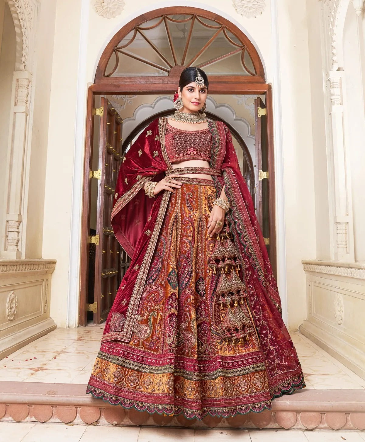 Pretty peacock maroon Mustard double duptta bridal lehenga