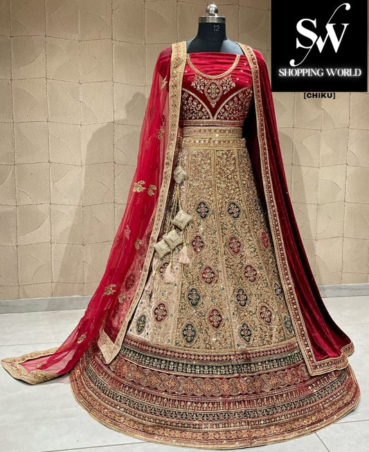 Eye catching maroon chiku double duptta bridal lehenga