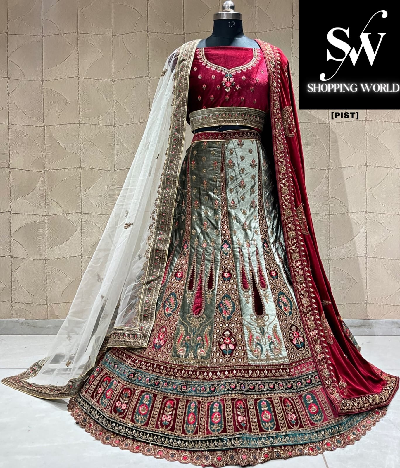 Attractive pista green double duptta bridal lehenga