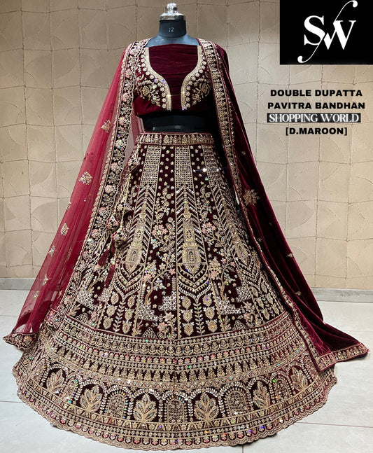 Preciosa lehenga de novia con doble dupatta en color granate oscuro