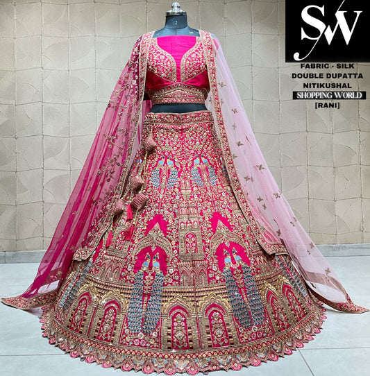 Amazing rani pink peacock double dupatta bridal lehenga