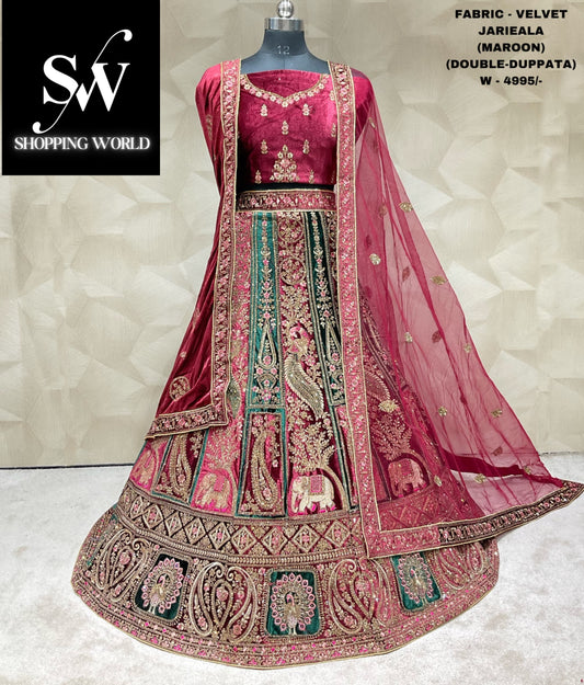 Preciosa lehenga nupcial doble duptta verde granate gajraj