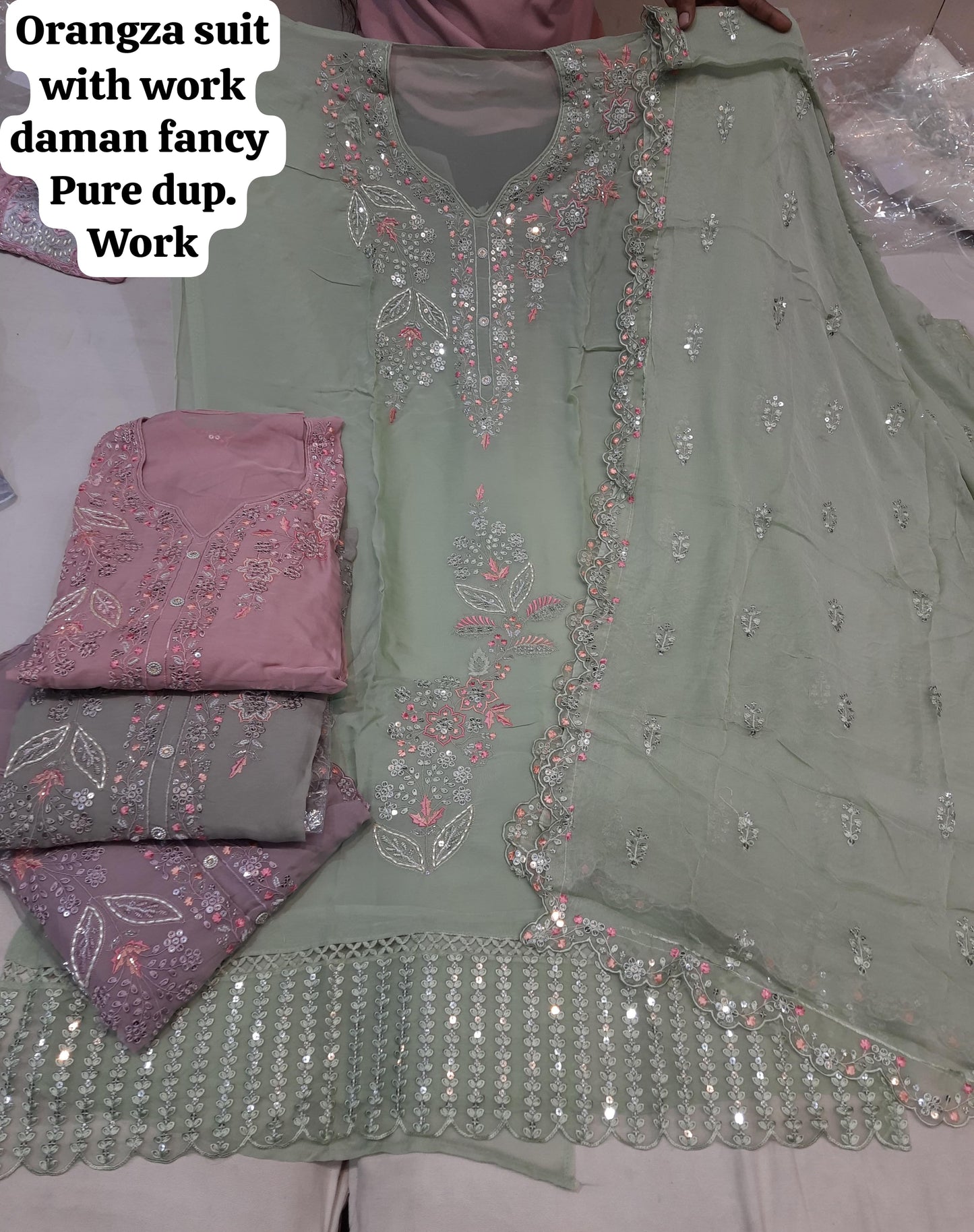 Elegant green mehendi organza unstitched Salwar suits dress material (free size)