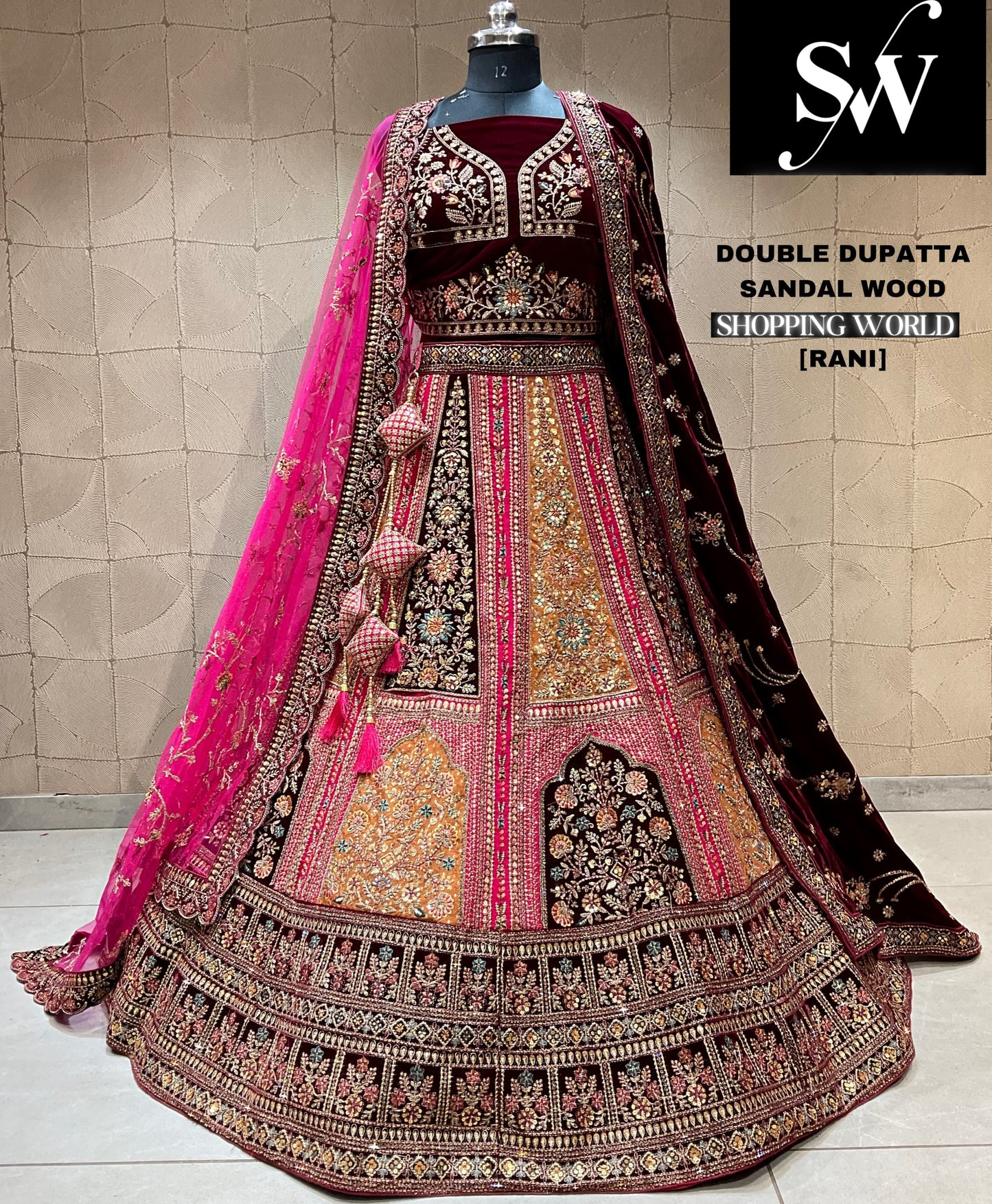 Stunning rani maroon double dupatta bridal lehenga