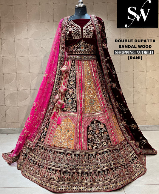 Impresionante lehenga nupcial con doble dupatta en color granate rani