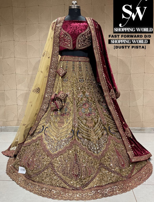 Glamorous peacock golden dusty pista bridal lehenga