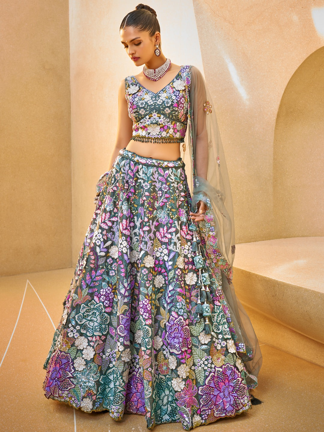 Attractive green floral Lehenga