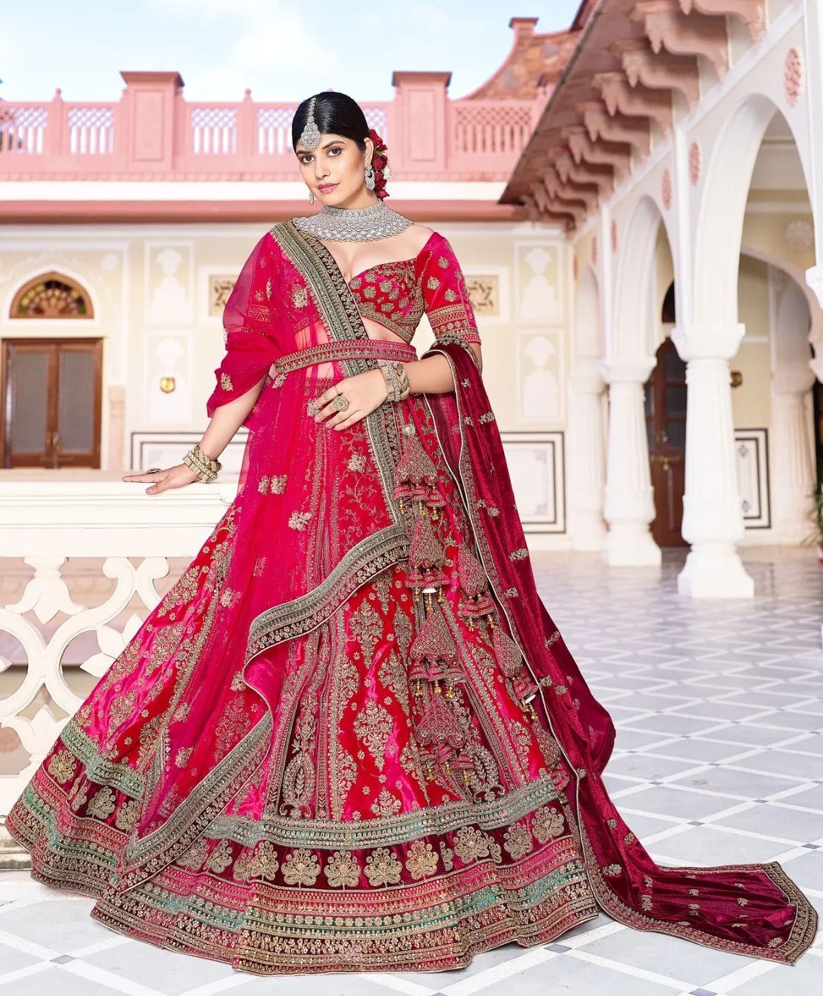 Elegant pink double duptta bridal lehenga