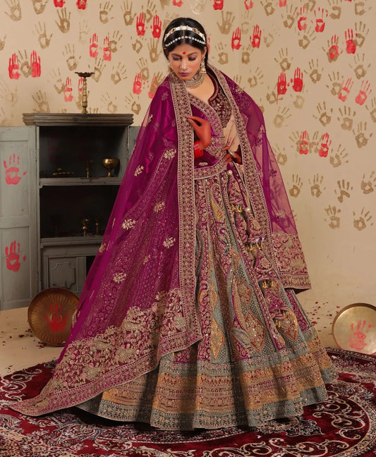 Hermosa lehenga nupcial dupatta doble color magenta