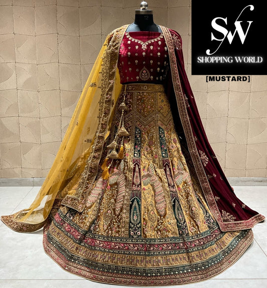 Lehenga nupcial con doble duptta en mostaza clara