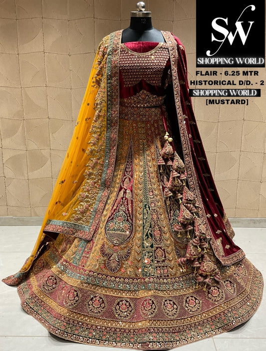 Impresionante lehenga nupcial de pavo real color mostaza