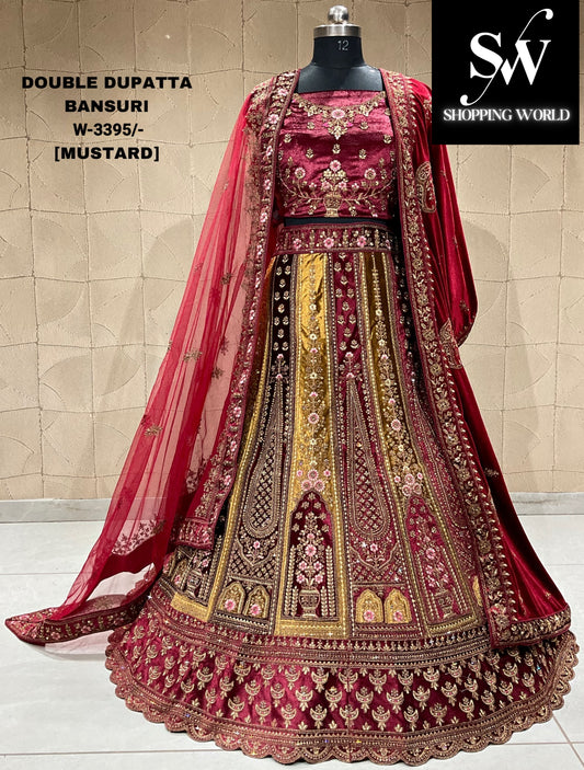 Hermosa lehenga de novia con doble capa color mostaza y granate