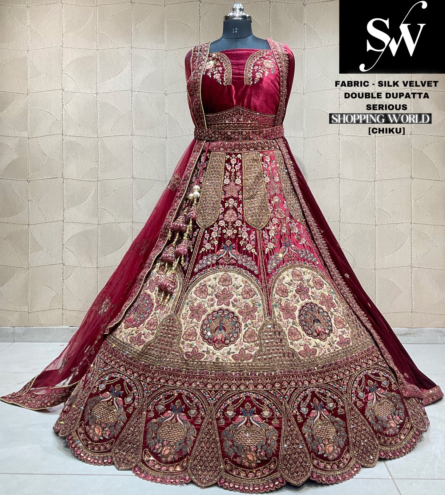 Glamorous chiku maroon peacock double duptta bridal lehenga