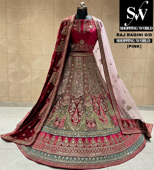 Hermosa lehenga nupcial rosa dorada