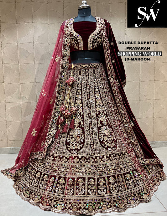 Increíble lehenga nupcial de dupatta doble en color granate oscuro