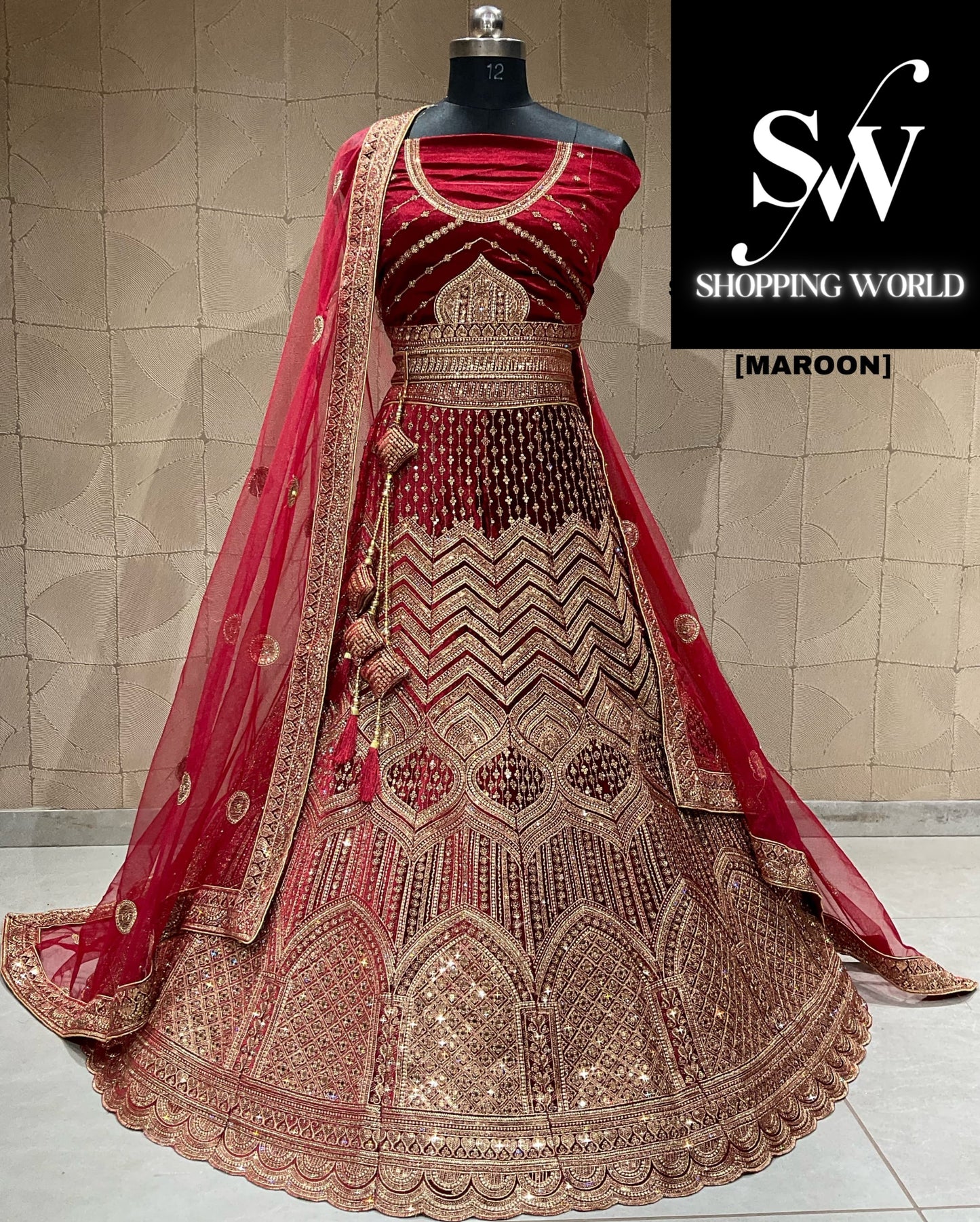 Astonishing maroon double duptta bridal lehenga