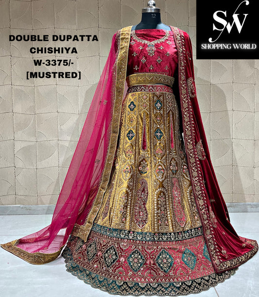 Lehenga nupcial con doble duptta y algo diferente en mostaza