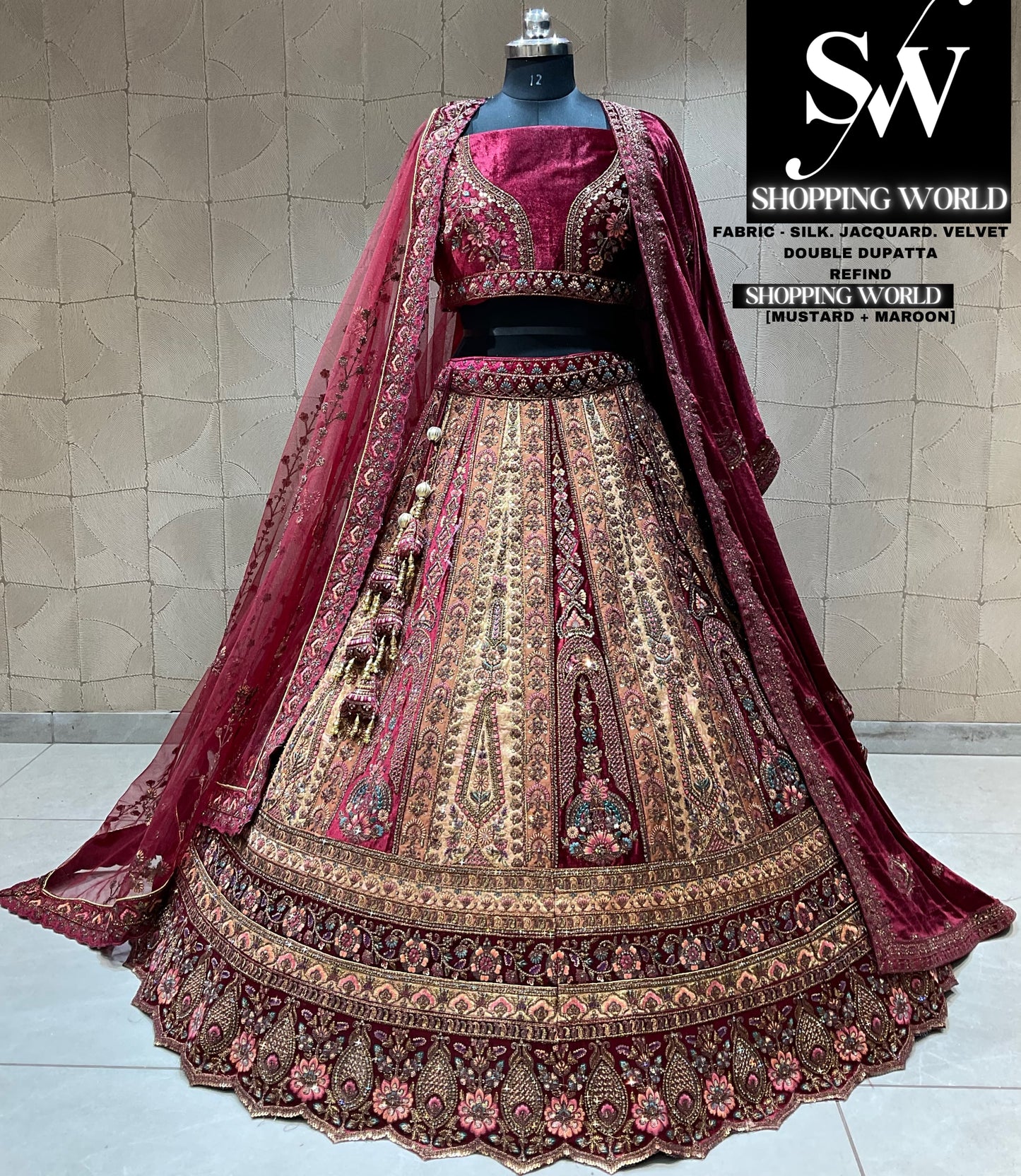 Fantastic mustard maroon bridal lehenga