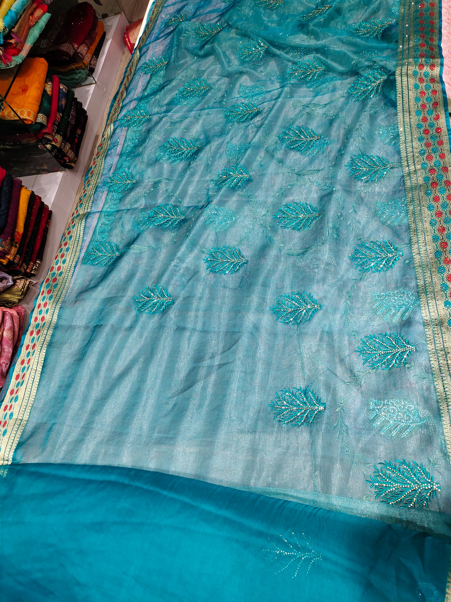 Elegant golden border blue saree