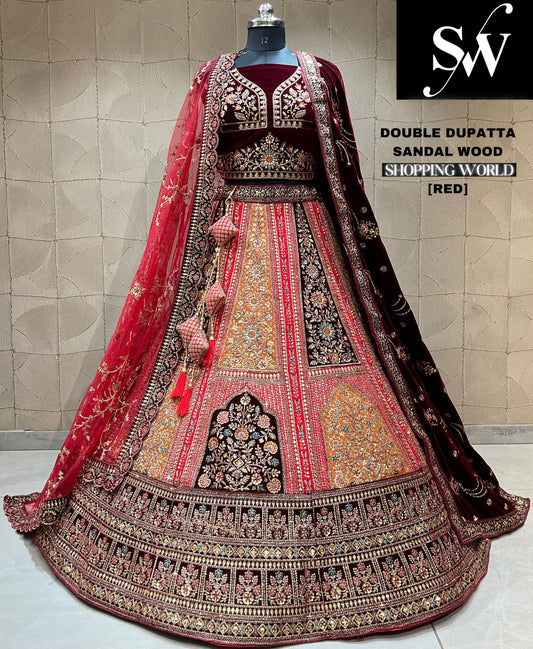 Lehenga nupcial de estilo glamoroso, de color rojo granate y doble dupatta