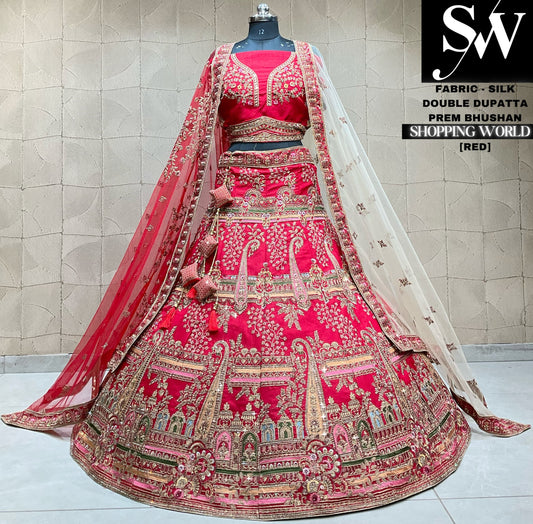 Lehenga nupcial con doble dupatta y precioso estampado de pavo real rojo y rosa