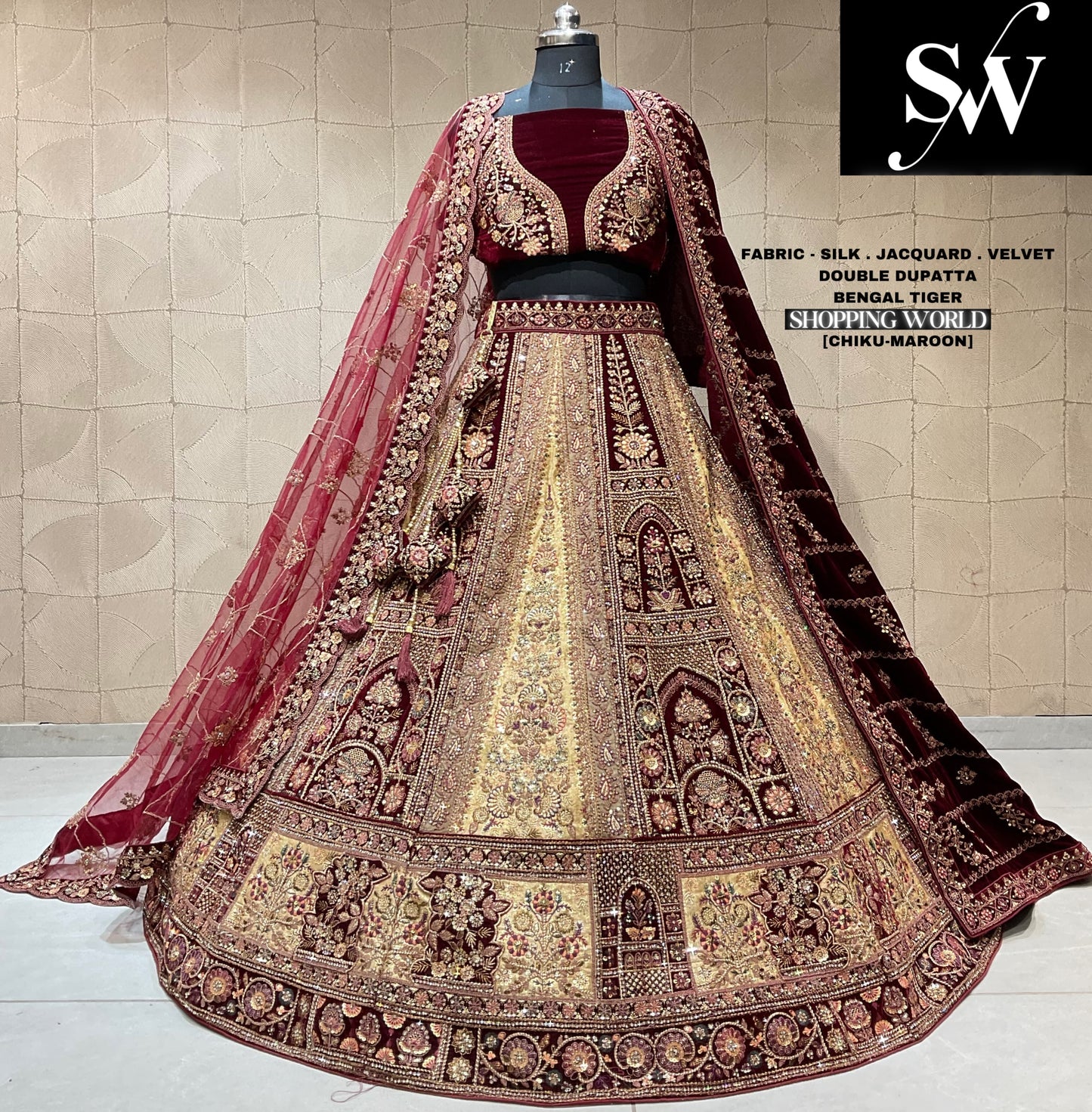 Fabulosa lehenga nupcial duptta doble granate chiku