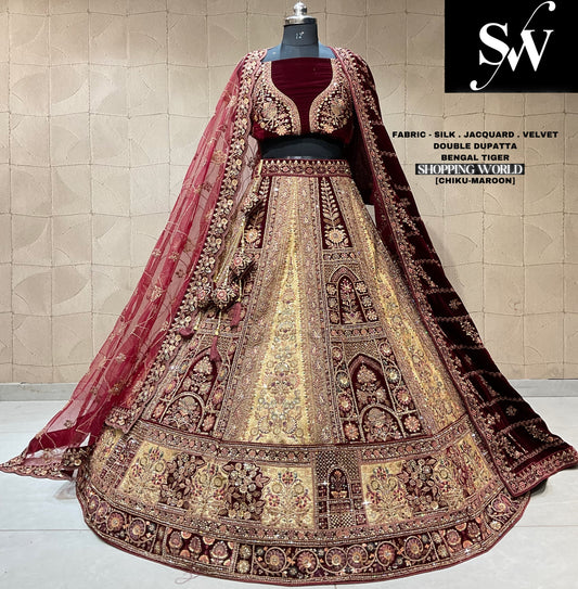 Fabulous chiku maroon double duptta bridal lehenga