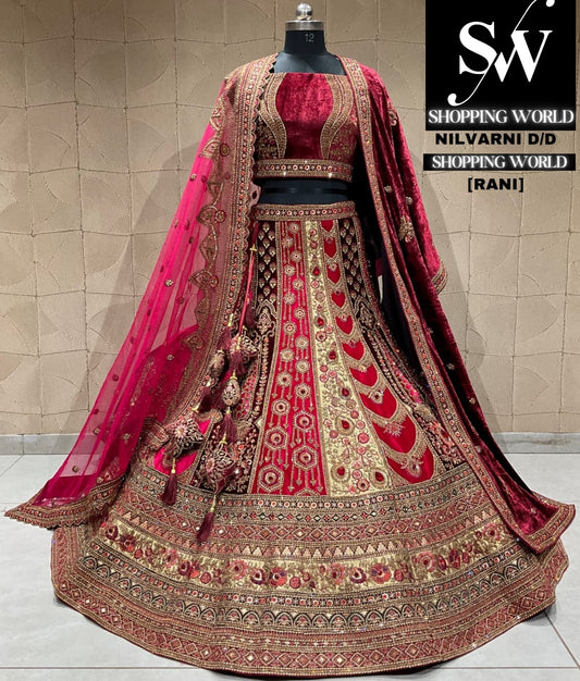 Hermosa lehenga nupcial rani con estampado de pavo real