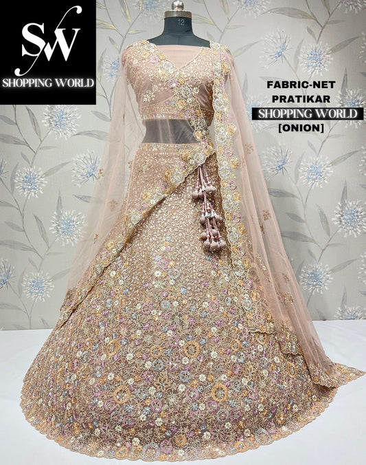 Astonishing onion peach pink mustard lehenga