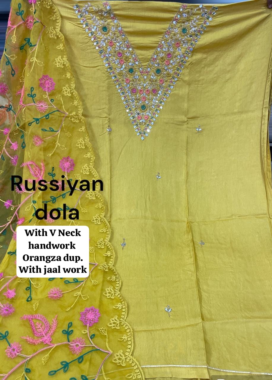 Awesome yellow haldi mehendi Russian dola unstitched Salwar suits dress material (free size)