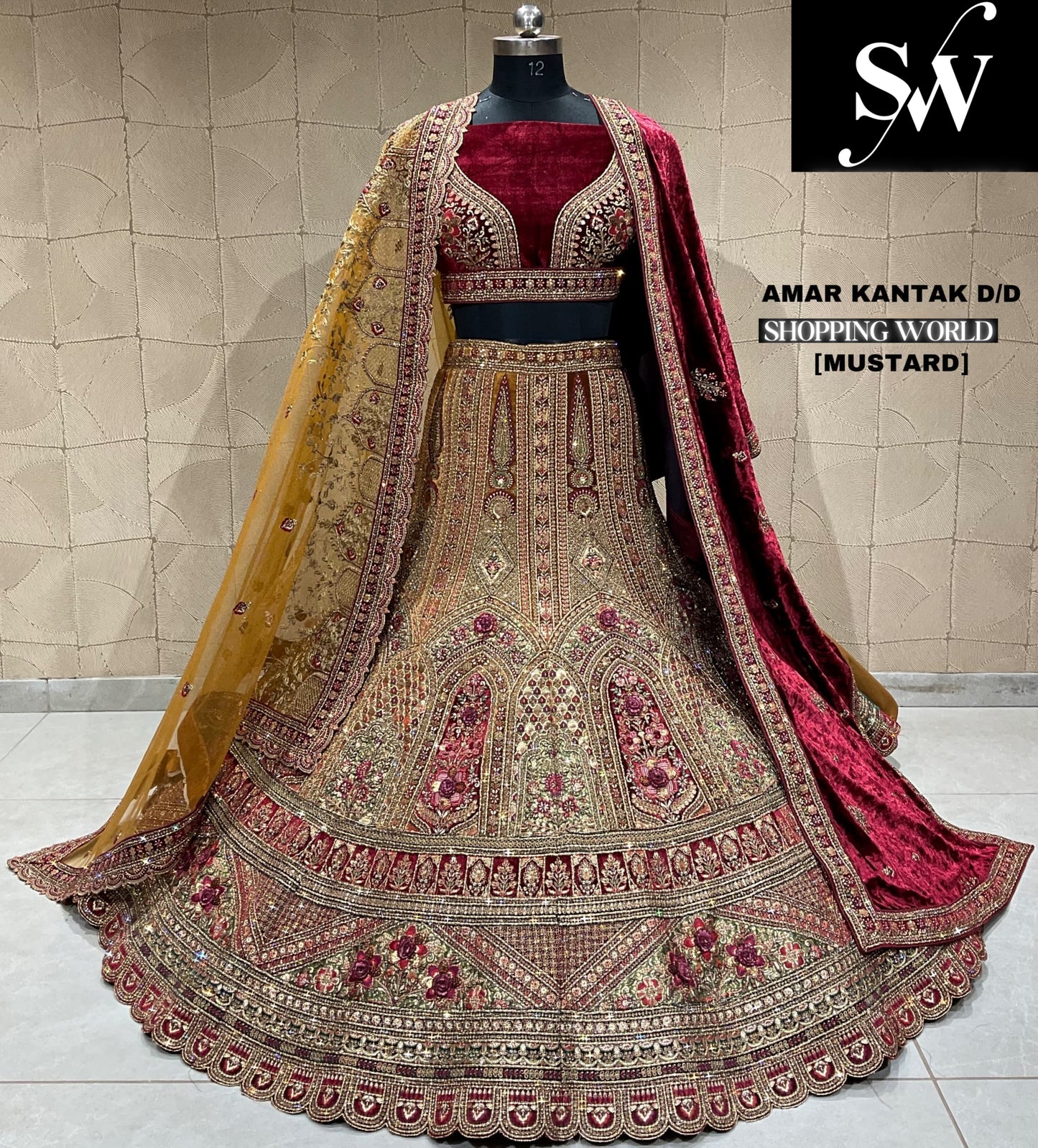 Good looking mustard maroon double duptta bridal lehenga