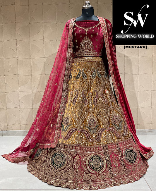 Lehenga nupcial majestuosa en mostaza con doble duptta