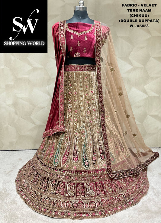 Atractiva lehenga nupcial de doble duptta con estampado de pavo real Chiku