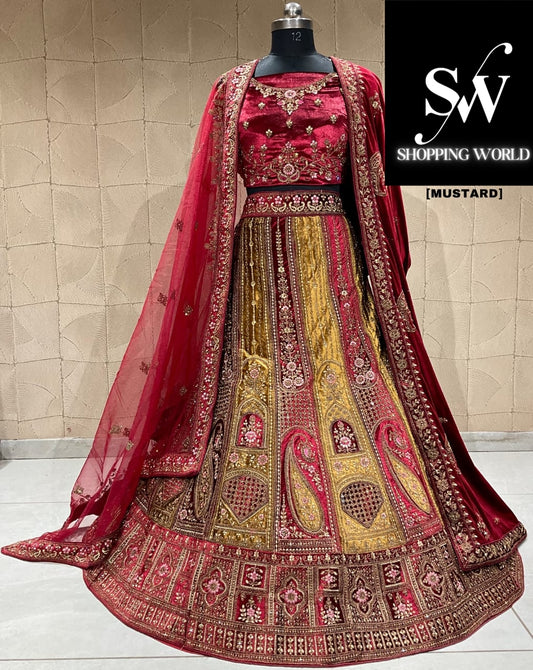 Elegant maroon mustard double duptta bridal lehenga